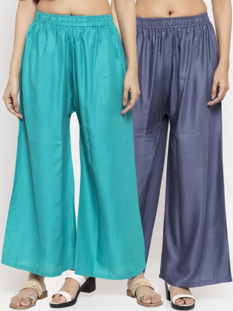

NEUDIS Women Pack Of 2 Solid Flared Palazzos, Turquoise blue