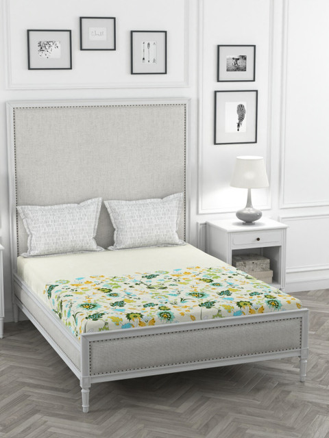 

Portico New York White & Green Floral 144 TC King Bedsheet With 2 Pillow Covers