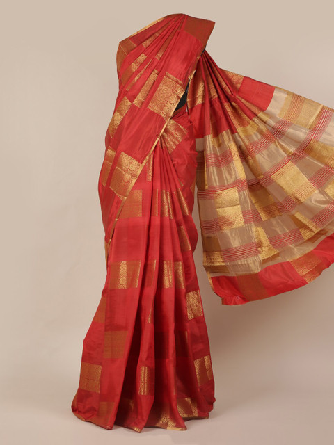 

Pothys Red & Gold-Toned Jute Silk Woven Design Saree