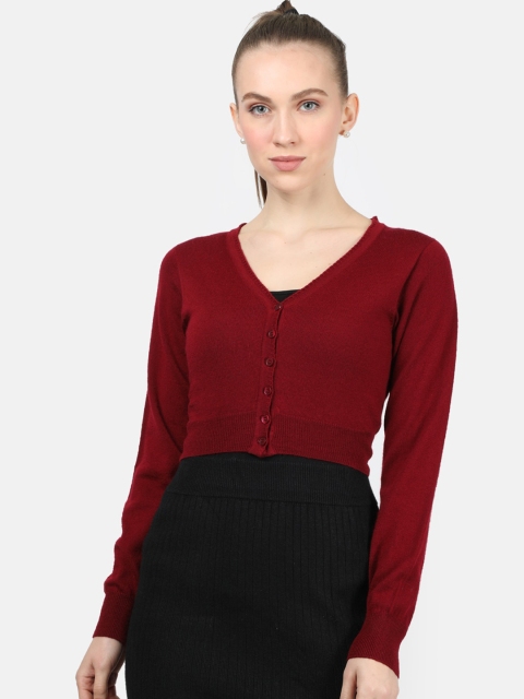 

Monte Carlo Women Red Solid Woolen Crop Cardigan