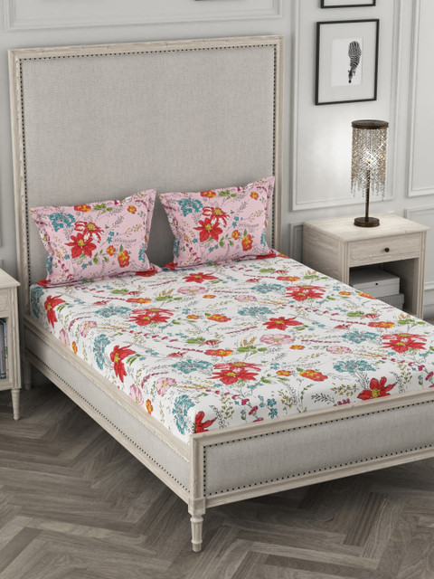 

Portico New York White & Red Floral 144 TC Double Queen Bedsheet With 2 Pillow Covers