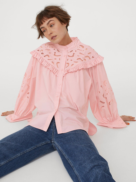 

H&M Women Pink Solid Broderie-Detail Blouse
