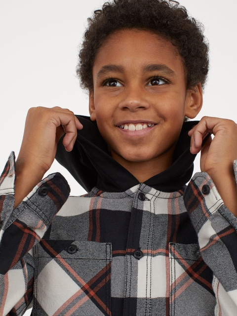 

H&M Boys Black & White Checked Hooded Flannel Shirt