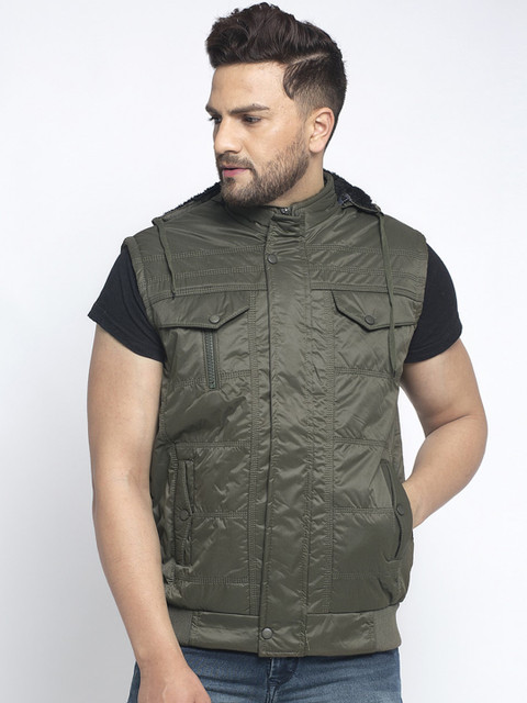 

KLOTTHE Men Olive Green Solid Windcheater Open Front Jacket