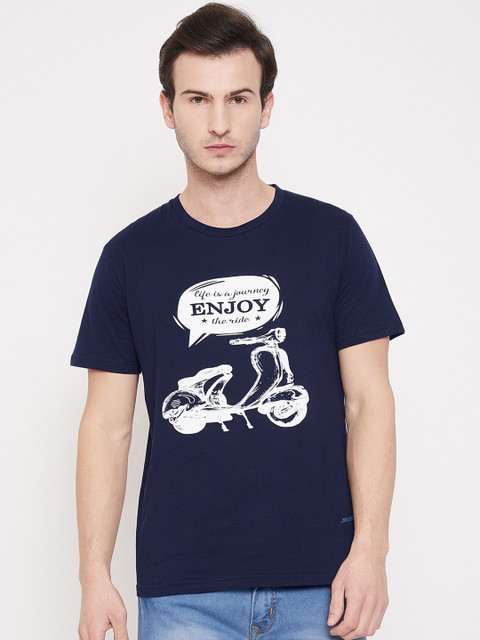

Purple Feather Men Navy Blue Printed Round Neck T-shirt