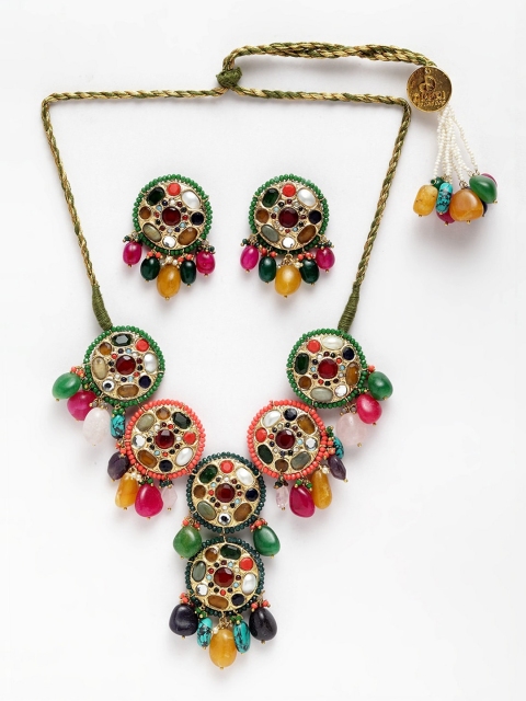 

DUGRISTYLE Gold-Plated Green & Pink Pearl Beaded Sustainable Jewellery Set