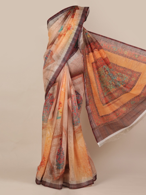 

Pothys Brown & Multicoloured Linen Blend Printed Saree