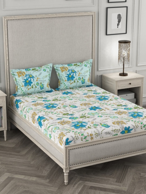 

Portico New York White & Turquoise Blue Floral 144 TC Cotton 1 Queen Bedsheet With 2 Pillow Covers