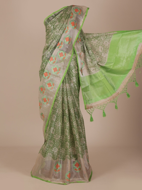 

Pothys Green Floral Printed Cotton Blend Saree with Embroidered Border