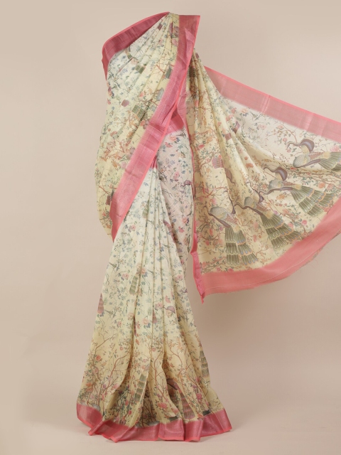 

Pothys Cream-Coloured & Pink Linen Blend Printed Saree