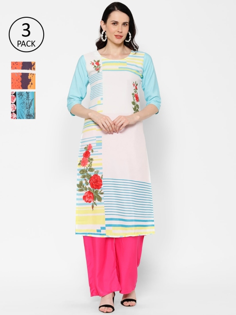 

7Threads Women Pack Of 3 Printed Straight Kurta, Blue