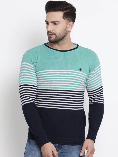 

COBB Men Sea Green & Navy Blue Striped Pullover Sweater