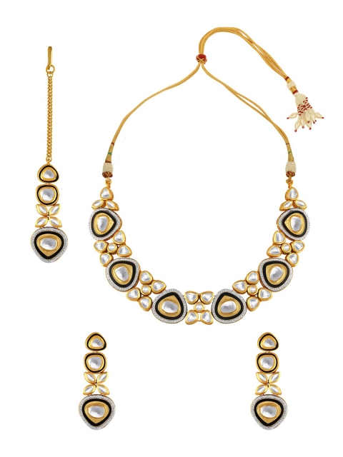 

Alamod Gold-Plated Black & White Kundan Studded Choker Jewellery Set