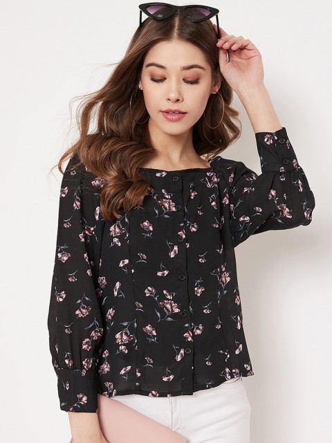 

PURYS Women Black Floral Printed Top