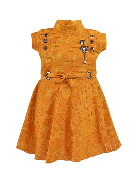 

Wish Karo Girls Mustard Yellow Self Design Fit and Flare Dress