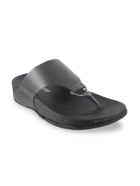 

Metro Men Black Solid Leather Comfort Sandals