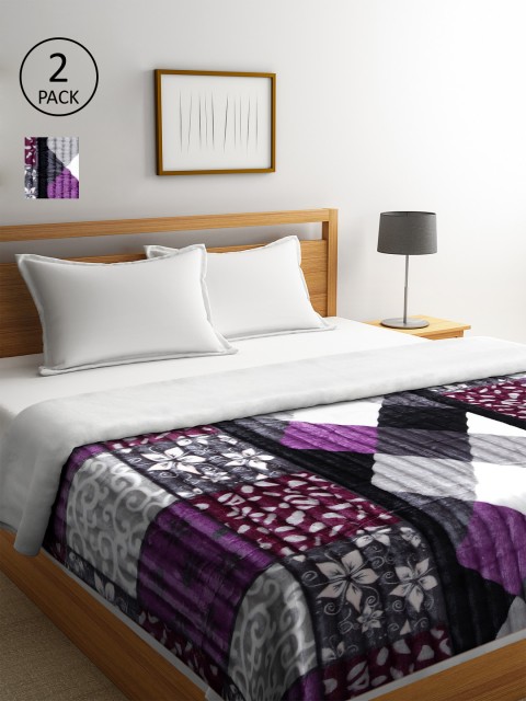 

KLOTTHE Set Of 2 Purple & Black Floral AC Room 450 GSM Double Bed Comforter