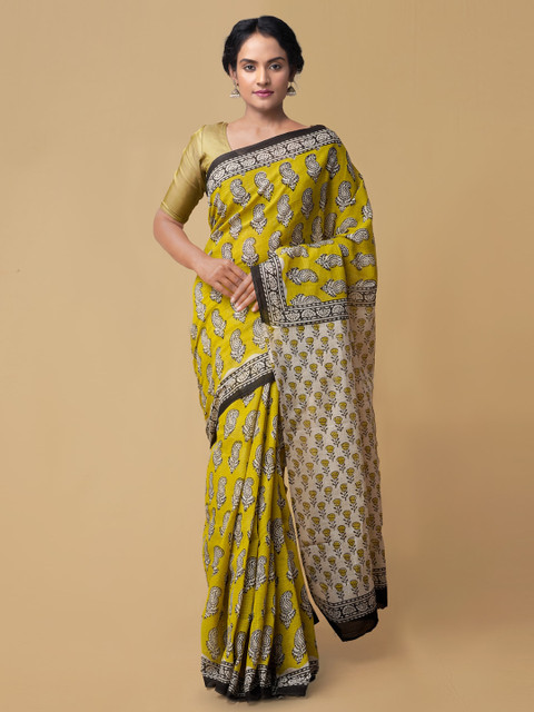 

Unnati Silks Yellow & Beige Pure Cotton Printed Kota Saree