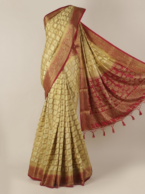 

Pothys Cream-Coloured & Red Jute Silk Woven Design Saree