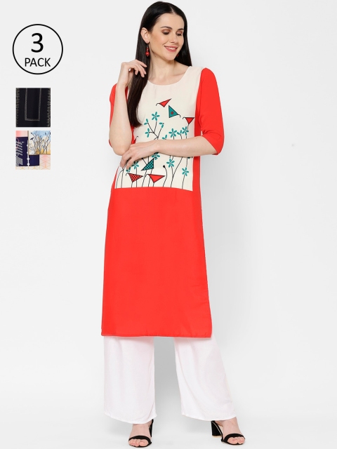 

7Threads Women Pack Of 3 Printed Straight Kurtas, Coral