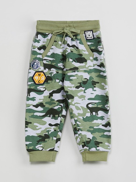 

max Boys Green & Grey Camouflage Printed Straight-Fit Joggers