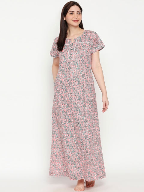

XIN Women Peach-Coloured & Green Printed Maxi Night Dress