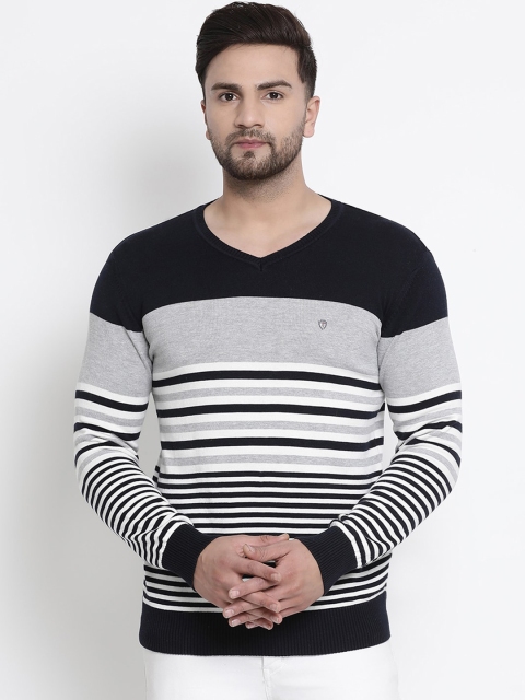 

COBB Men Navy Blue & Grey Striped Pullover Sweater