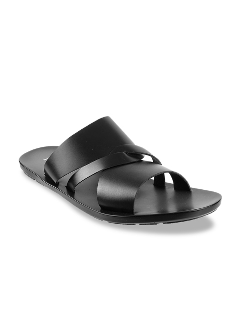 

Metro Men Black Solid Leather Comfort Sandals