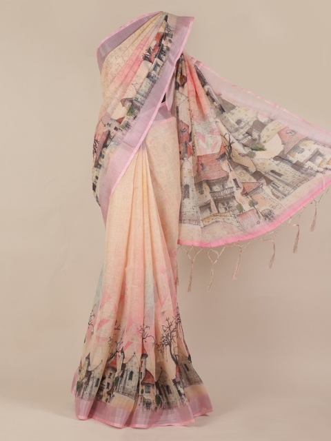 

Pothys Peach-Coloured Printed Linen Blend Saree