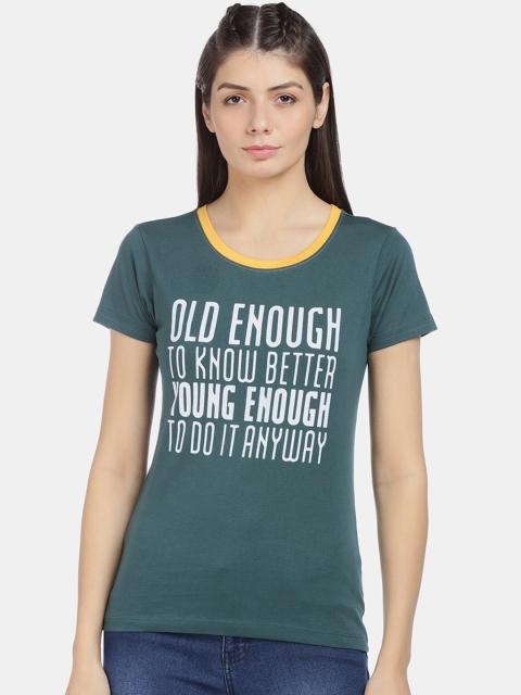 

Sugr Women Green Printed Round Neck Cotton T-shirt