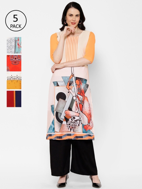 

7Threads Women Pack Of 5 Printed Straight Kurtas, Orange