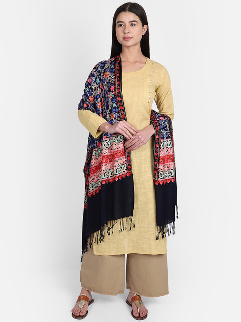 

Anekaant Women Black & Blue Embroidered Woolen Shawl