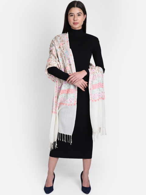 

Anekaant Women Off White & Pink Embroidered Woolen Shawl