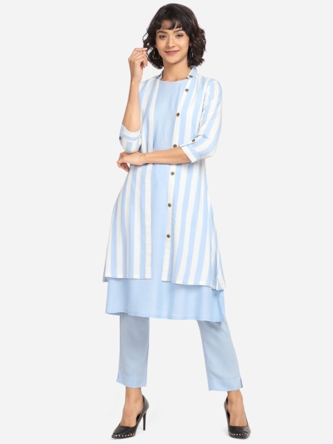 

Yuvraah Women Blue & White Striped A-Line Layered Kurta