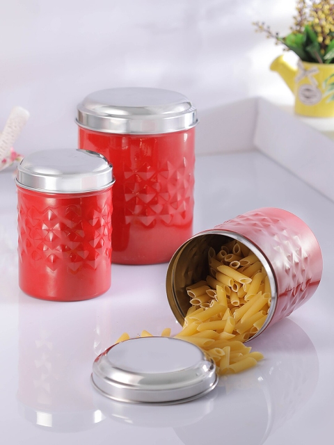 

Jensons Set Of 3 Red & Silver-Toned Solid Stainless Steel Canisters