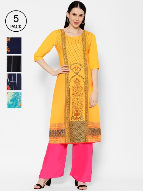

7Threads Women Pack Of 5 Printed Straight Kurtas, Navy blue