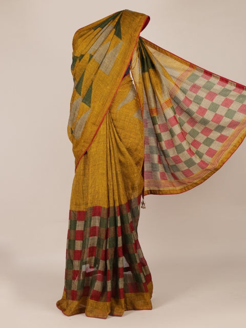 

Pothys Mustard & Green Jute Silk Checked Saree