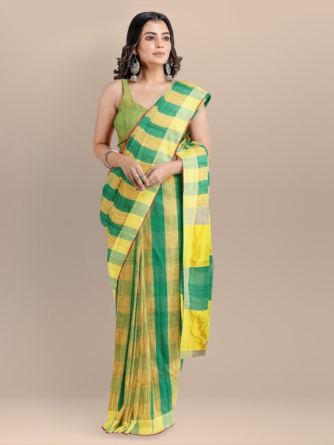 

BharatSthali Yellow & Green Silk Cotton Woven Design Mangalagiri Sustainable Saree