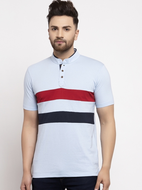 

Kalt Men Blue Striped Mandarin Collar T-shirt