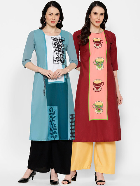 

7Threads Women Pack Of 2 Printed Straight Kurtas, Blue