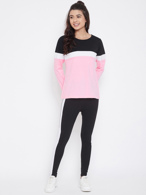 

CHROME & CORAL Women Pink & Black Colourblocked Tracksuit