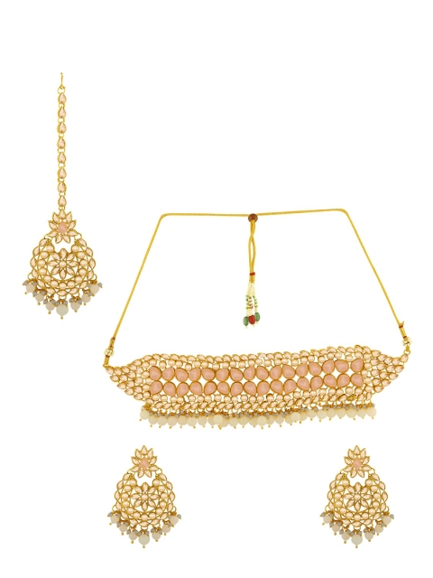 

Alamod Gold-Plated Pink & White Stone-Studded Pearl Beaded Jadau Jewellery Set