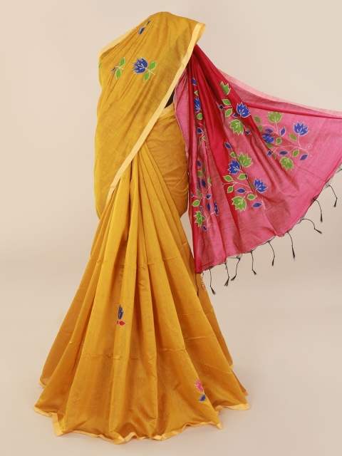 Pothys Yellow & Pink Cotton Blend Embroidered Saree