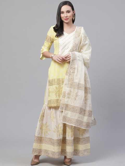 

Chhabra 555 Women Yellow & White Printed Kurta with Sharara & Dupatta