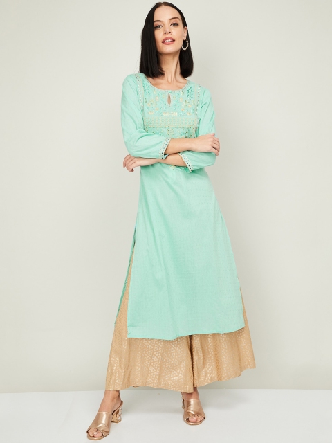 

Melange by Lifestyle Women Sea Green & Gold-Toned Embroidered A-Line Kurta