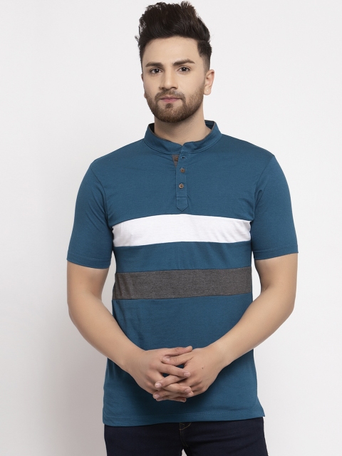

Kalt Men Teal Striped Mandarin Collar T-shirt