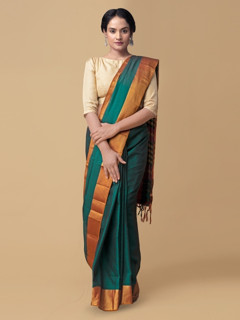 Unnati Silks Green Pure Cotton Solid Handloom Narayan Peth Saree
