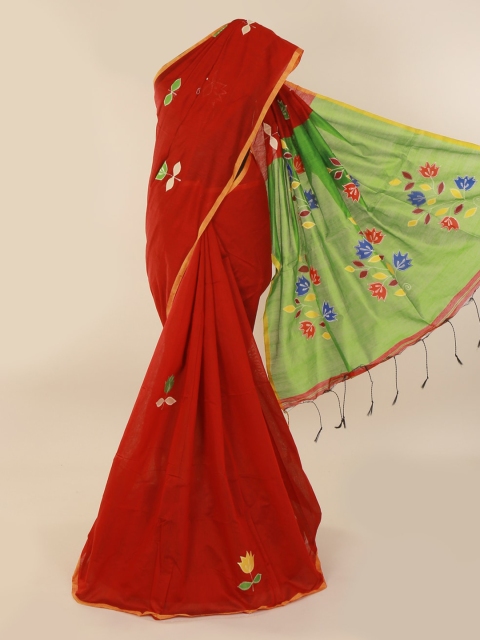 

Pothys Maroon & Green Cotton Blend Embroidered Saree