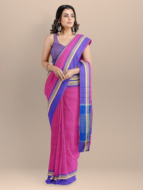 

BharatSthali Magenta & Blue Silk Cotton Solid Kota Sustainable Saree