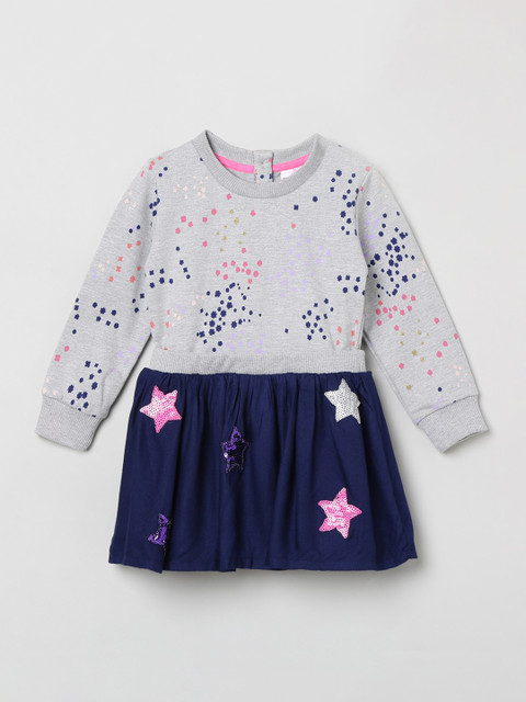 

max Girls Grey & NavY Blue Printed Cotton Fit and Flare Dress